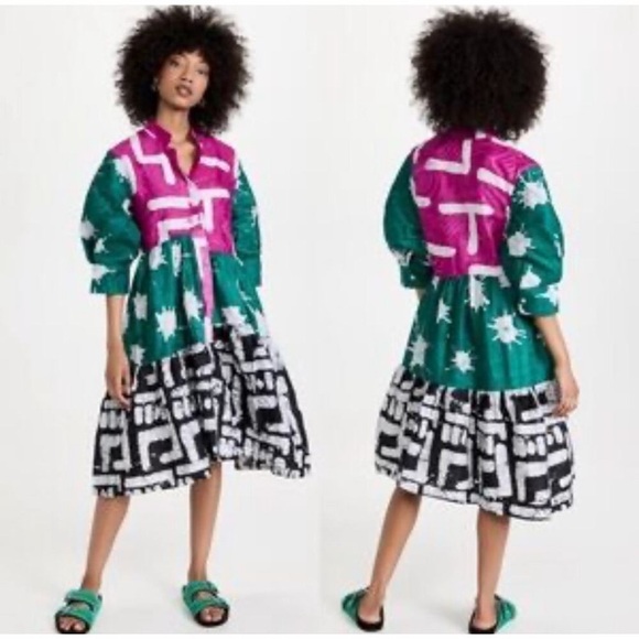 Busayo Tayo Mixed Batik Colors Midi Dress Puff Sleeves Pockets Size Small - Picture 1 of 16